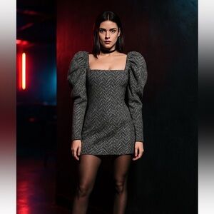 MISS CIRCLE mini dress puff sleeve long sleeve party club going out bodycon XS